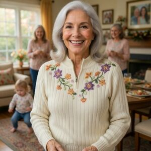 VTG Alfred Dunner PS Beaded Embroidered Cream Chenille Floral Grannycore Sweater